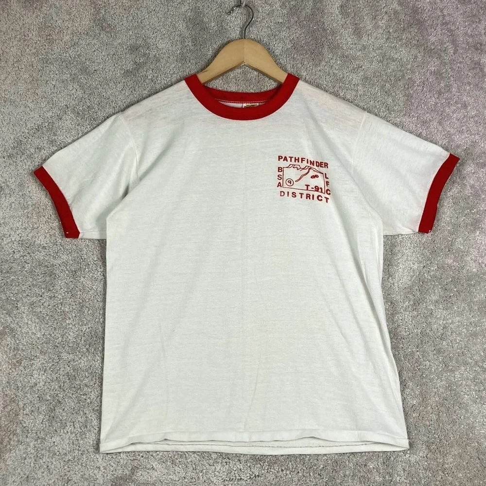 Vintage 70s Russell Athletic BSA Pathfinder District Ringer T Shirt White Red M - Picture 2 of 13